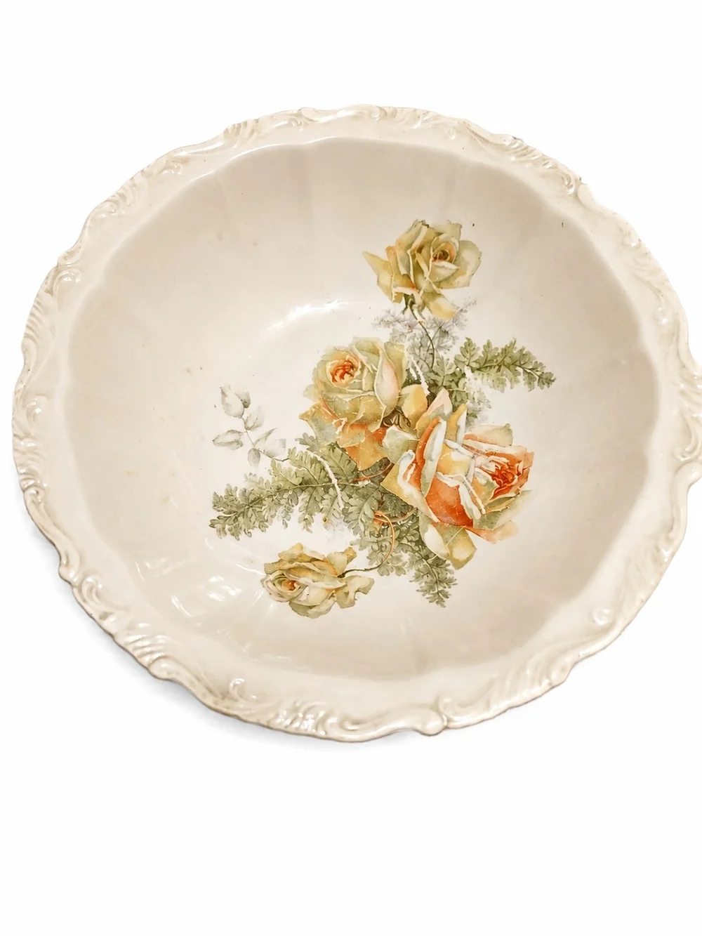 Vintage Floral Ceramic Serving Bowl in Cream with Yellow Rose Motif